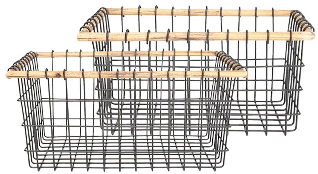 Sada 2 drôtených košíkov s dreveným okrajom - 39 * 31 * 18/32 * 25 * 16 cm