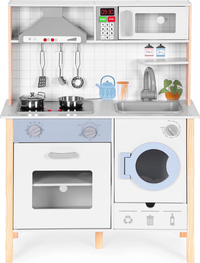 Drevená kuchynka pre deti ECOTOYS 3+ s LED, zvukmi, rúrou, práčkou a 5 doplnkami