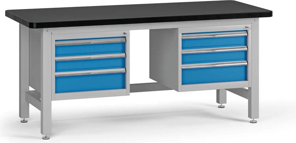 Pracovný stôl do dielne G4 s 2 závesnými boxami na náradie, MDF + PVC doska, 6 zásuviek, 1800 x 750 x 800 mm, modrá