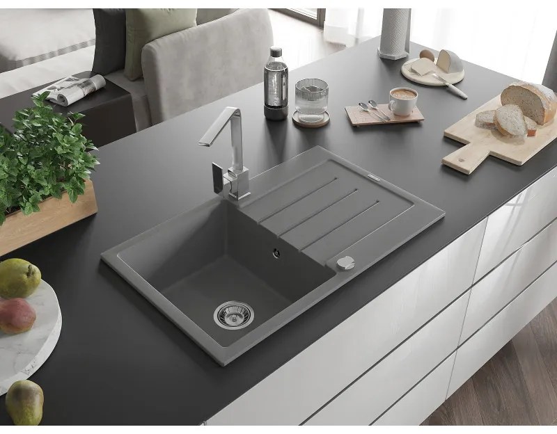 Mexen Bruno, drez granitový 795x495x200 mm, 1-komorový, šedá s chrómovým sifónom a chrómová drezová batéria Rita, 6513-71-670300-00
