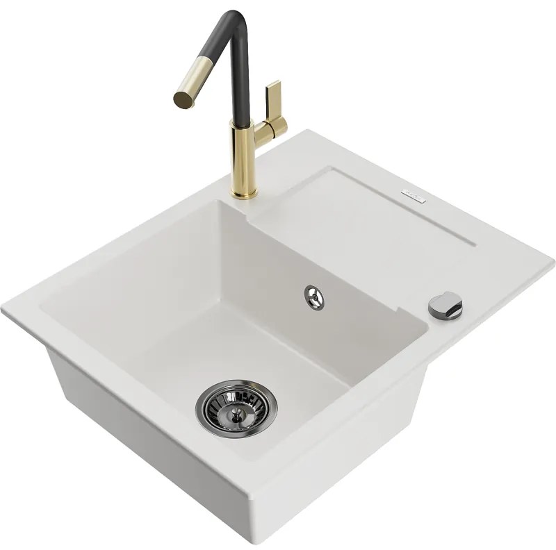 Mexen Enzo, 1-komorový granitový drez 576x465x174 mm a drezová batéria Flora, biela, 6506-20-670401-57-B