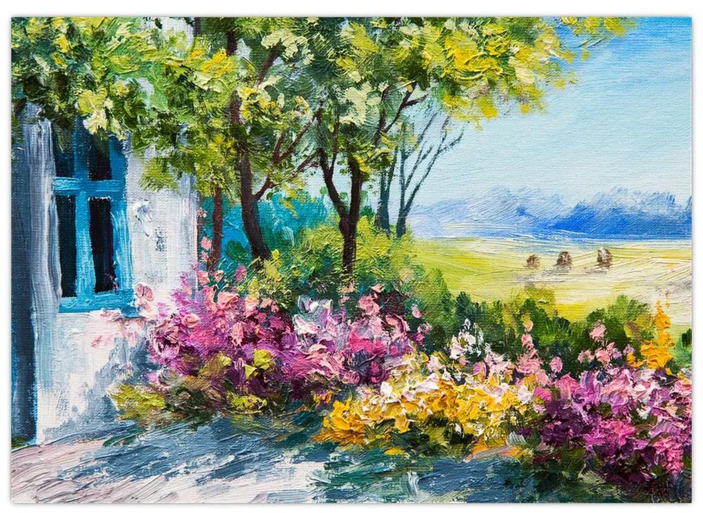Sklenený obraz záhradky pred domom, olejomaľba (70x50 cm)