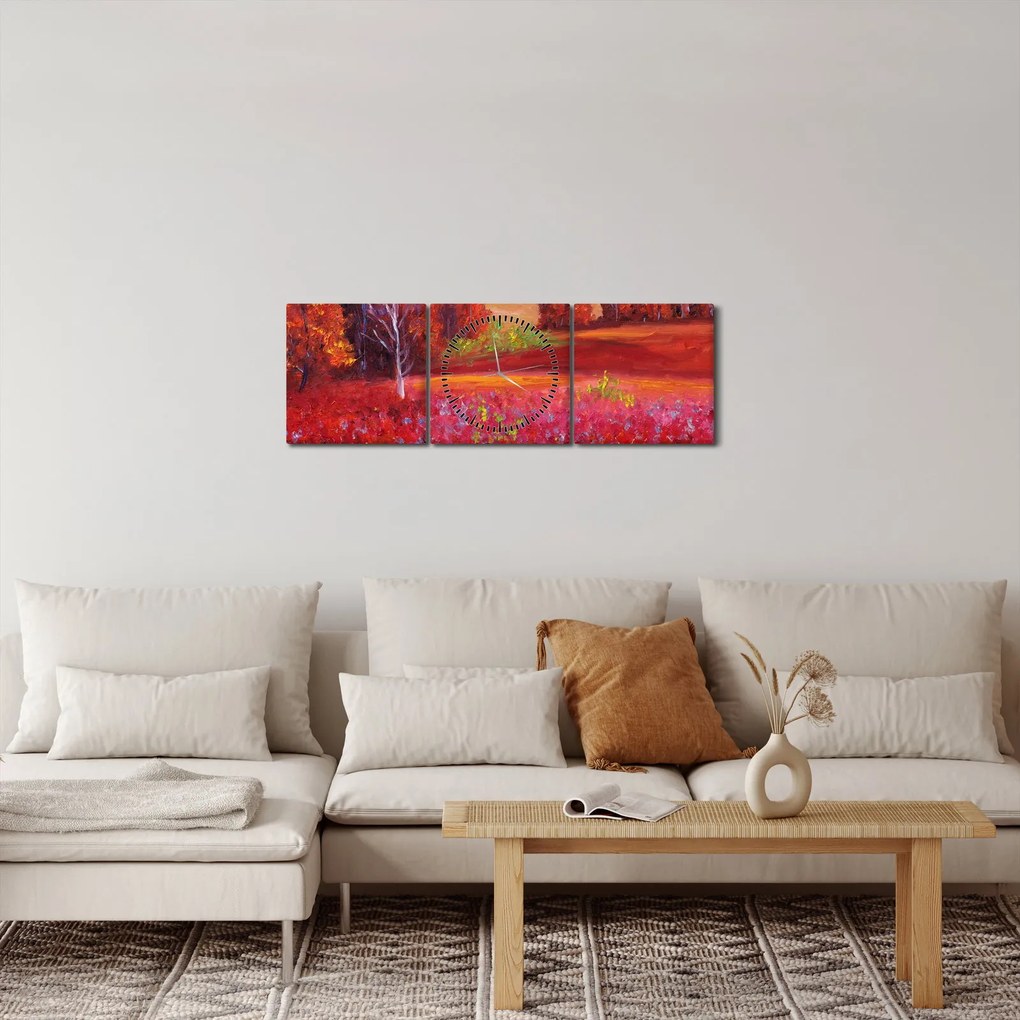 Obraz červenej krajiny (s hodinami) (90x30 cm)