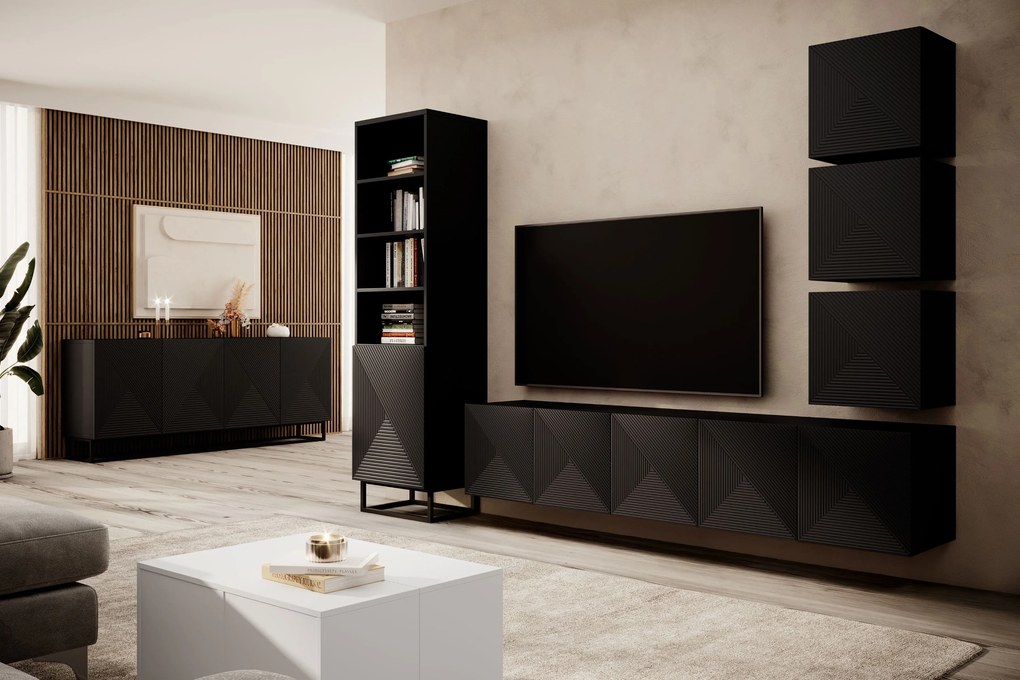 Závesná TV skrinka Asha 200 cm s ryhovaným čelom - čierny mat