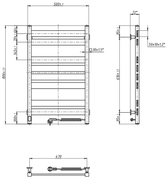 Kúpeľňový rebríkový radiátor s termostatom LARGO 432W/230V 80,6 cm IP44 biely pravostranný