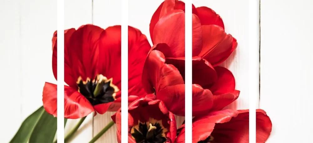 5-dielny obraz červené tulipány v rozkvete - 100x50