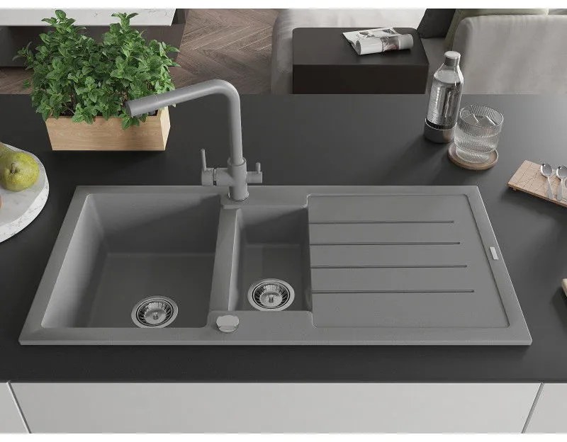 Mexen Andres, granitový drez 1000x500x200 mm, 1,5-komorový + šedá batéria Duero, šedá, 6515-71-671600-71