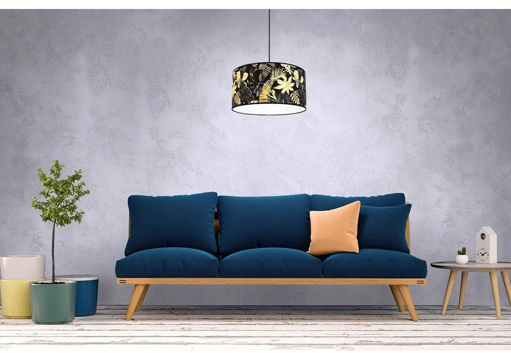 Závesné svietidlo Gold Flowers, 1x čierne textilné tienidlo s kvetinovým vzorom, (fi 40cm)