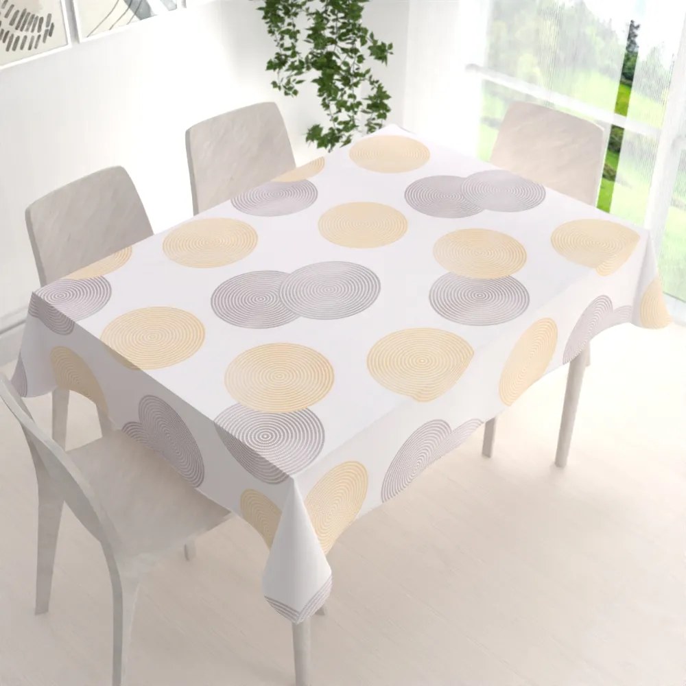 Biante Zamatový obdĺžnikový obrus Tamara TMR-023 Žlté a sivé designové kruhy na smotanovom 140x160 cm