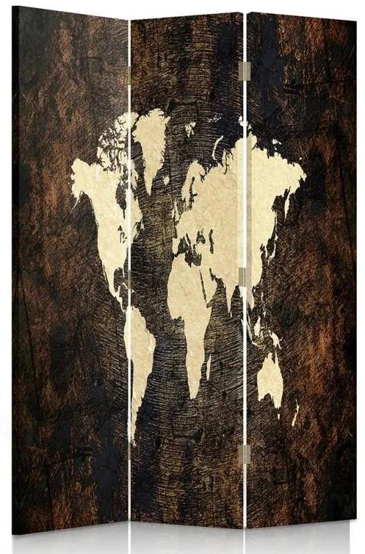 Ozdobný paraván, Mapa světa na tmavých deskách - 110x170 cm, trojdielny, klasický paraván