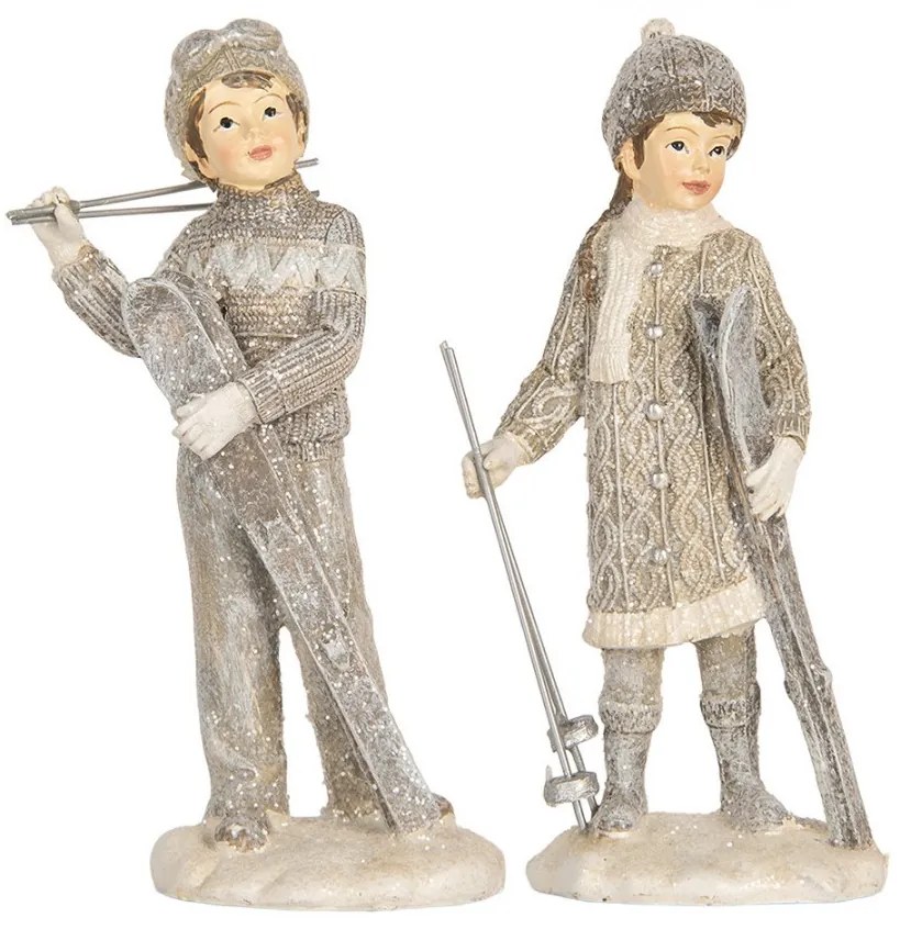 Šedá dekorácia dievča a chlapec s lyžami - 8*7*15 cm