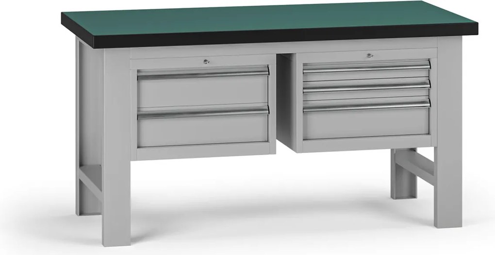 Pracovný stôl do dielne G8, 1500 x 750 x 800 mm, 2x kontejner, 5 zásuviek, sivá