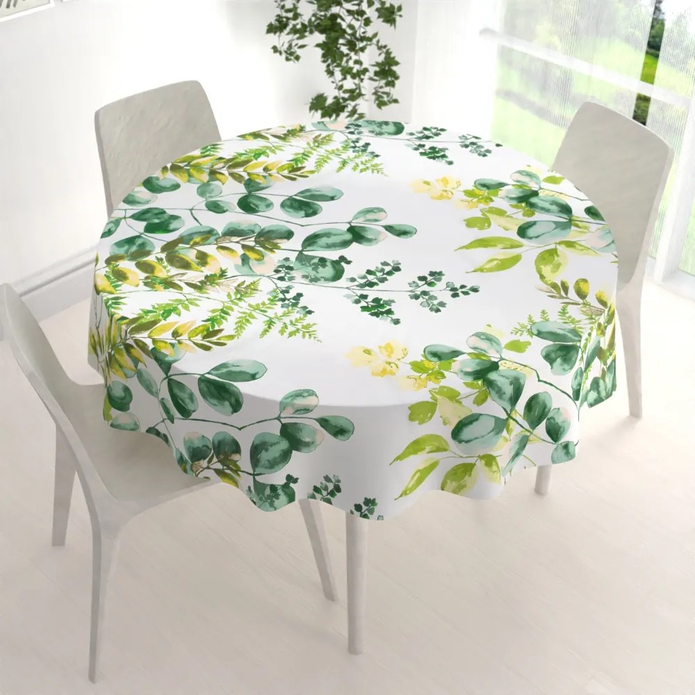 Biante Bavlnený okrúhly obrus Sandra SA-244 Zelený eukalyptus na bielom Ø 130 cm