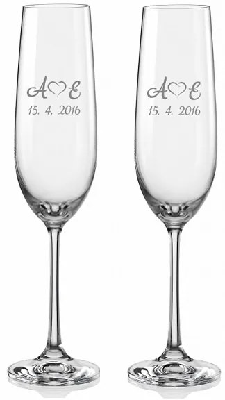 Svadobné poháre na sekt Monogramy so srdiečkami, 2 ks