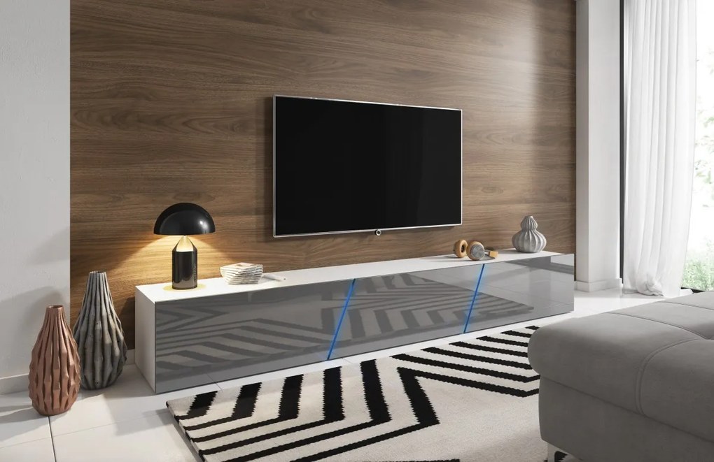 TV stolík Slant s LED osvetlením 240 cm biely mat/sivý lesk