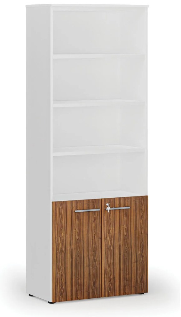 Kombinovaná kancelárska skriňa PRIMO WHITE, dvere na 2 poschodia, 800 x 420 x 2128 mm, biela/orech