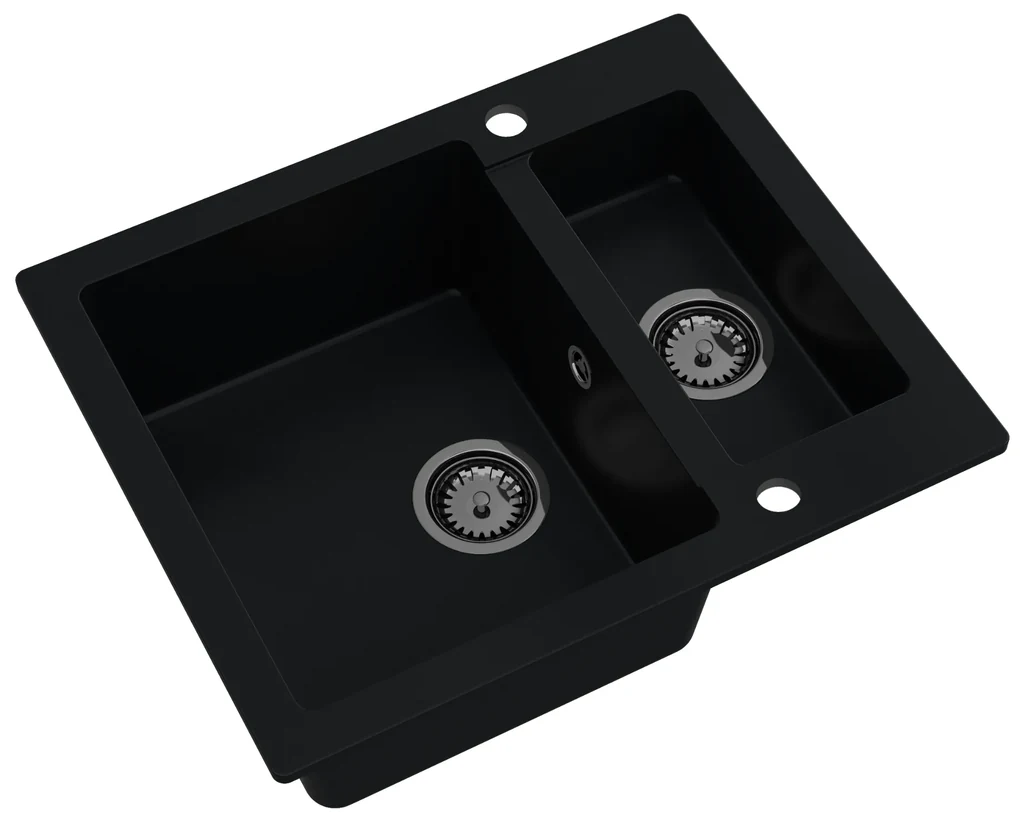 Sink Quality Ferrum, kuchynský granitový drez 605x495x210 mm + čierny sifón, čierna, SKQ-FER.C.5KBO.XB