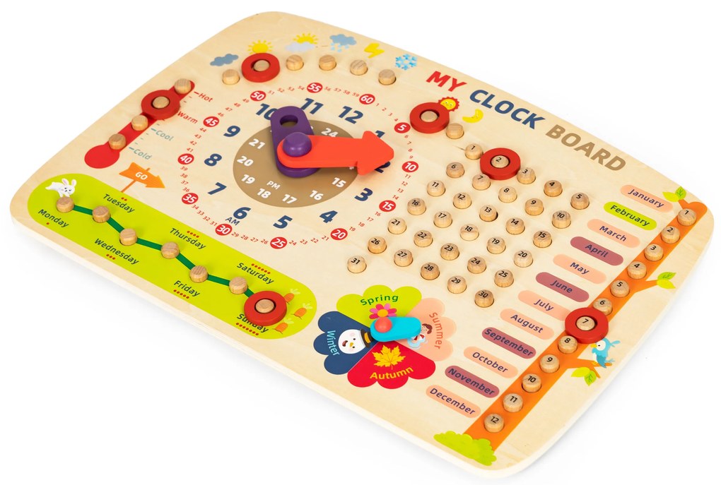 Drevená manipulačná doska pre deti, kalendár s hodinami, ECOTOYS