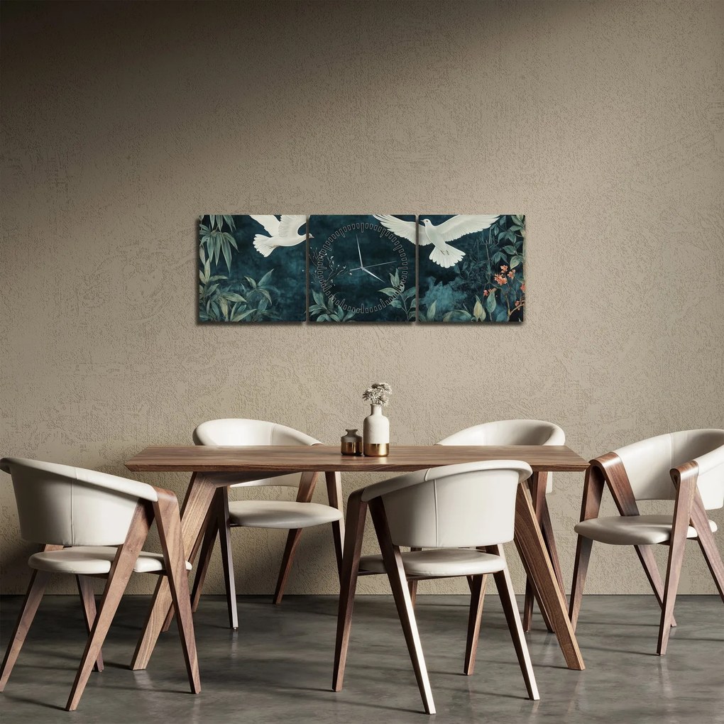 Obraz - Dve holubice (s hodinami) (90x30 cm)