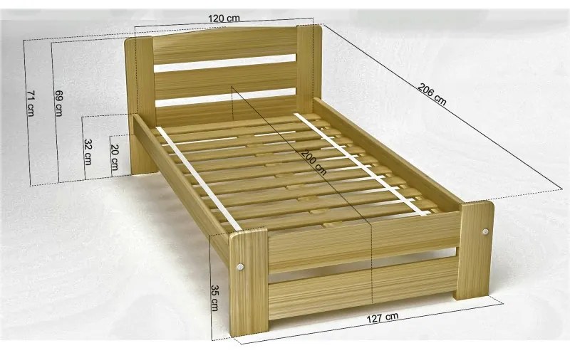 Eureka posteľ „GABRIELA” z prírodného dreva vrátane roštu svetlý lak 120 x 200