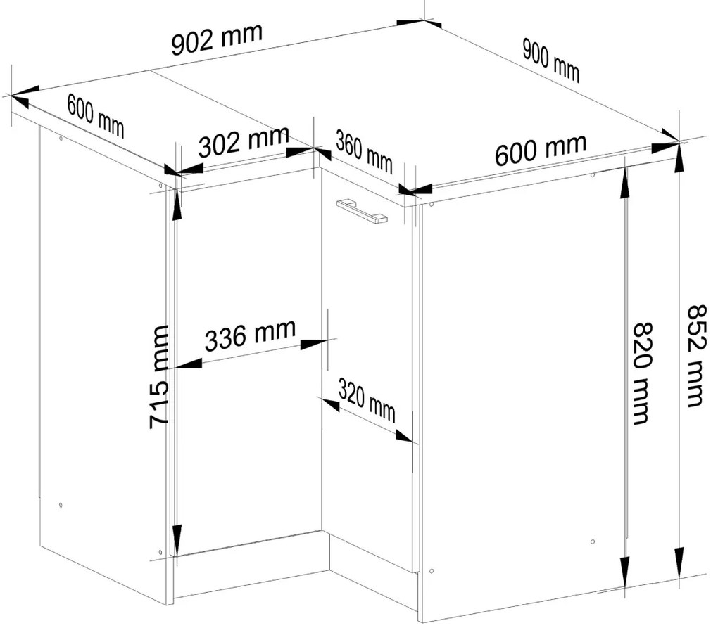 Kuchyňská rohová skříňka Olivie S 90 cm bílá/černý lesk/dub sonoma