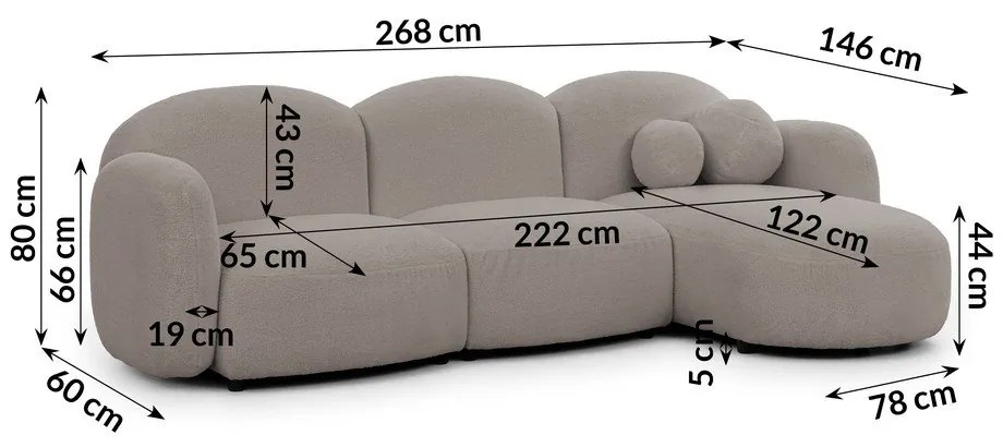 Sivá rohová pohovka z textílie buklé (pravý roh/s leňoškou) Orbit – Ropez