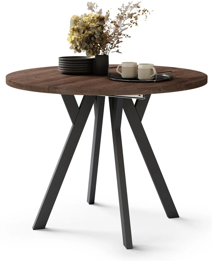 ALMO 100 Dub hnedý/čierne nohy - OKRÚHLY LOFTOVÝ/INDUSTRIÁLNY ROZKLADACÍ STÔL DO OBÝVAČKY/JEDÁLNE