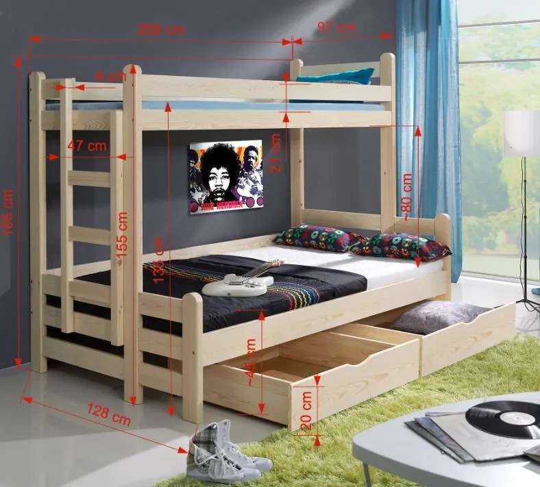 Detská poschodová posteľ s rozšíreným spodným lôžkom a šuplíky BENJAMIN - prírodná borovica - 200x90/120 cm