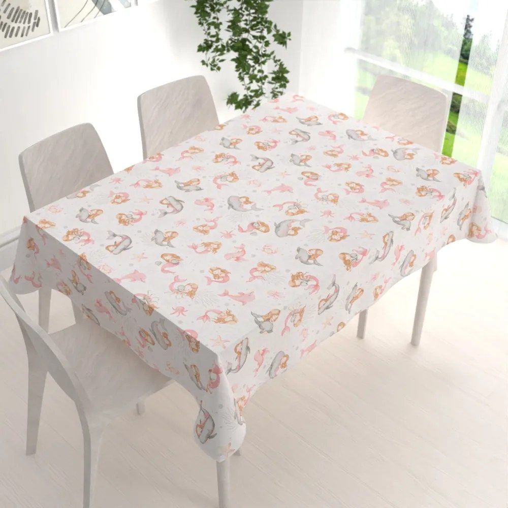 Biante Detský bavlnený obdĺžnikový obrus Sandra SA-527 Ružové morské panny s delfínmi a veľrybami na bielom 80x120 cm