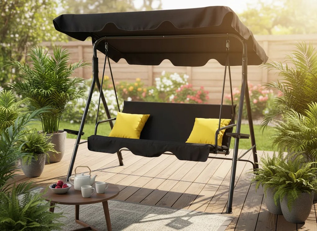 Garden Line ZÁHRADNÁ HOJDAČKA TYPU A 170 x 118 x 153 cm ČIERNA S ŽLTÝM SEDADLOM A DRŽIAKMI NA POHÁRE