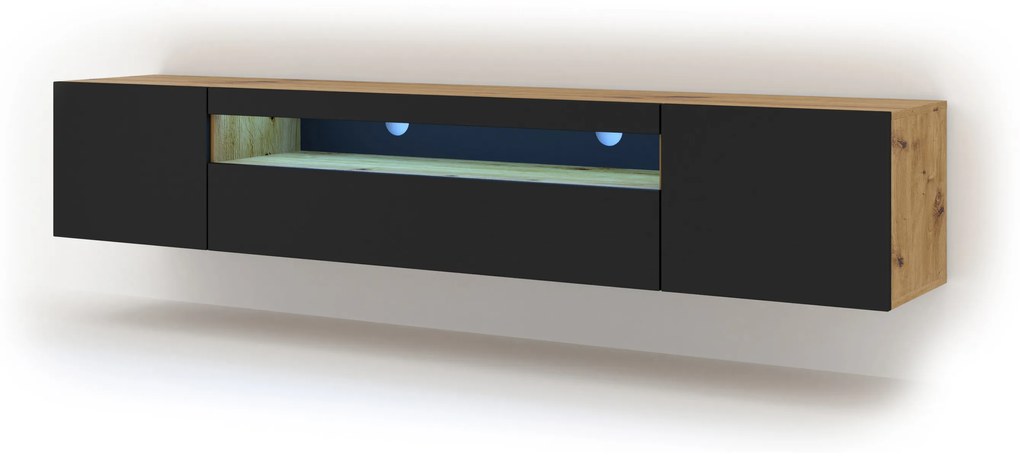 TV stolík/skrinka Aurora 200 (dub artisan + čierna matná) (LED). Akcia -21%. Vlastná spoľahlivá doprava až k Vám domov. 1057704
