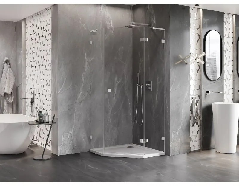 Mexen Lunar, L pravý výklopný päťuholníkový sprchový kút 80 x 80 cm, 8mm číre sklo, chrómový profil, 831L-080P-080L-01-00-P