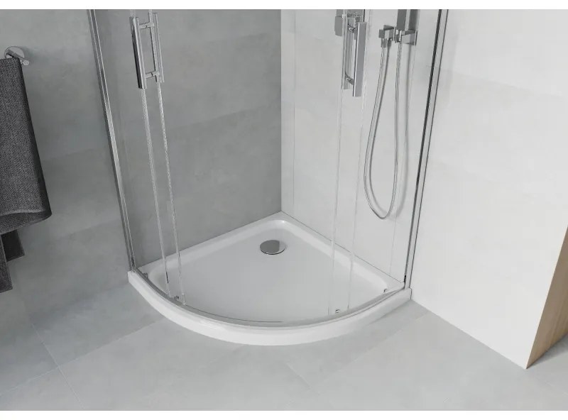 Mexen Rio, štvrťkruhový sprchovací kút s posuvnými dverami 90 x 90 cm, 6mm číre sklo, chrómový profil + biela sprchová vanička, 863-090-090-01-00-4110