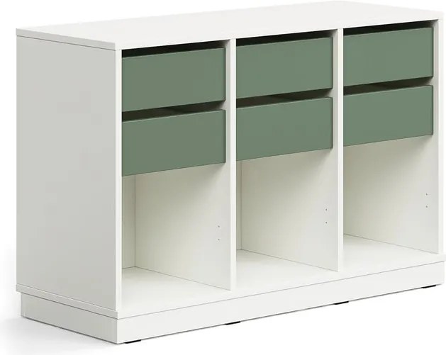 Úložná skrinka CASPER, 6 zásuviek, 3 priehradky, so soklom, biela/tmavozelená