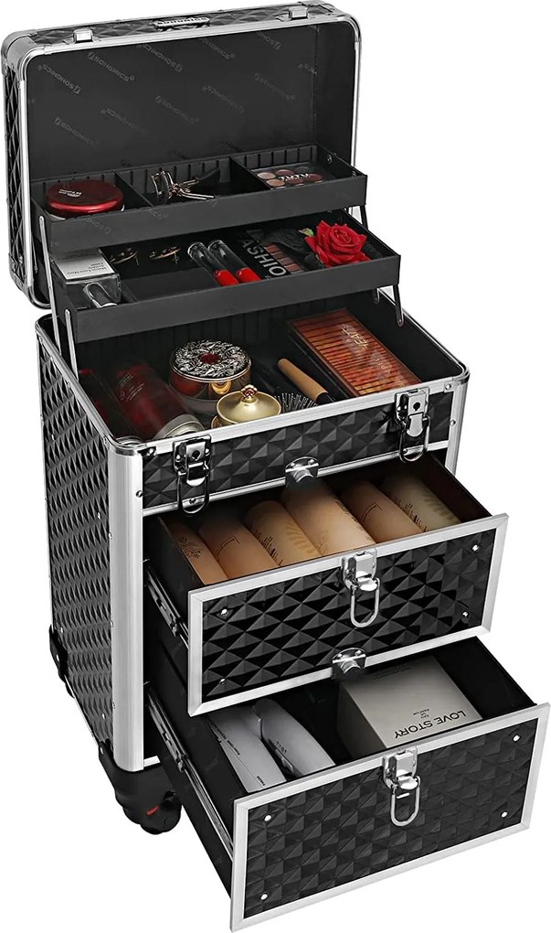 Kozmetický make-up kufor, so zásuvkami s posuvnými koľajničkami, čierny