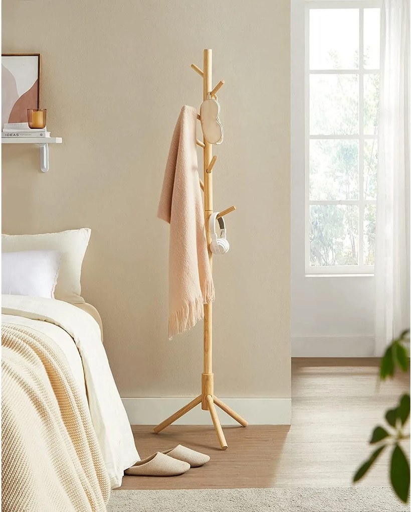 Voľne stojaci vešiak na kabáty a klobúky, s 8 háčikmi, prírodná farba