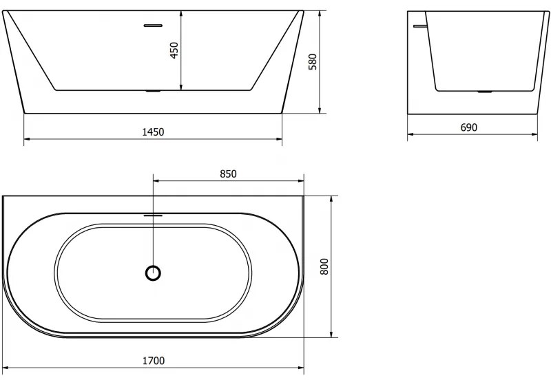 Mexen Oval+, voľne stojaca vaňa ku stene 170 x 80 cm, biela lesklá, brúsený grafit prepad, 52681708000-66
