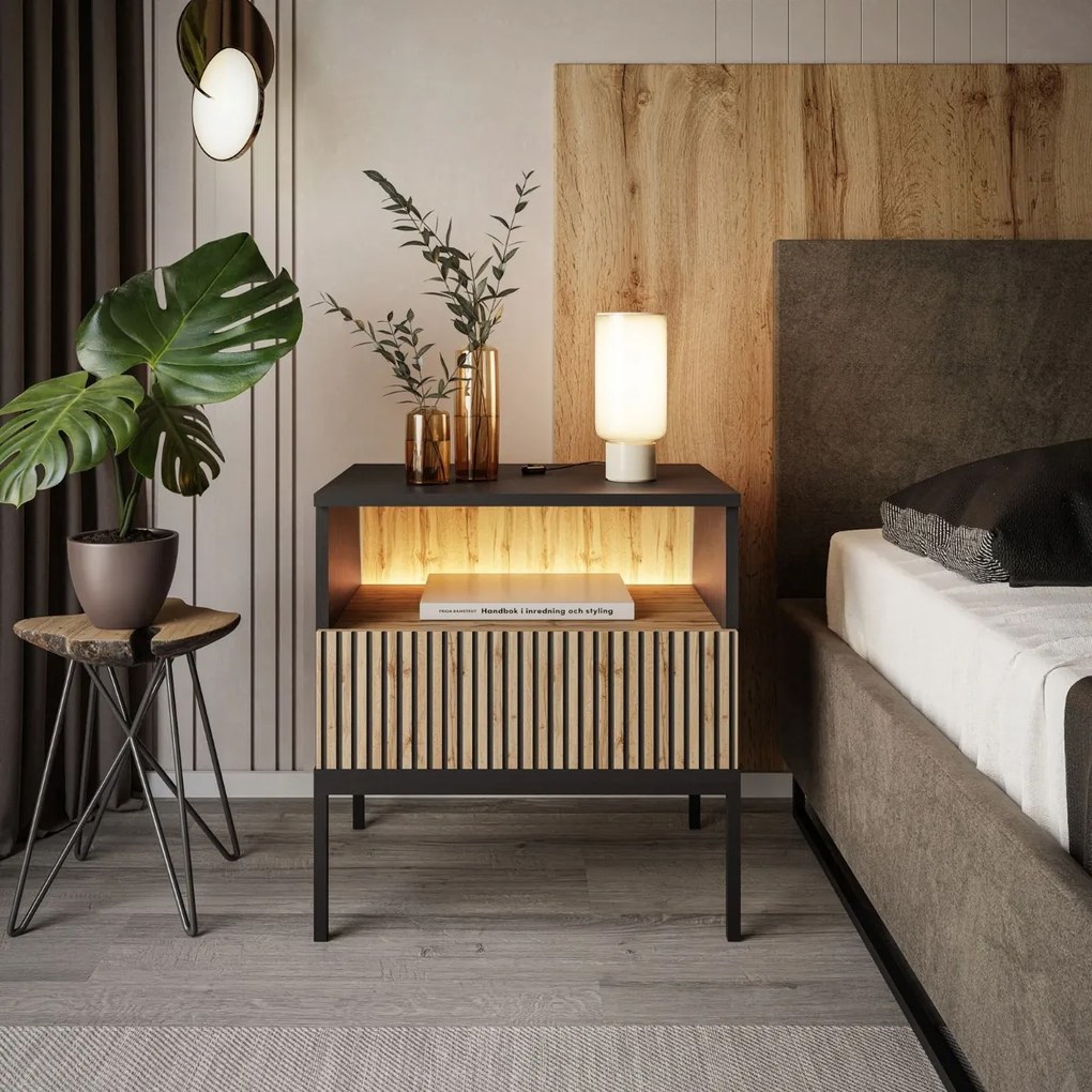 NOČNÝ STOLÍK ALESSIO DUB WOTAN / ČIERNY LED