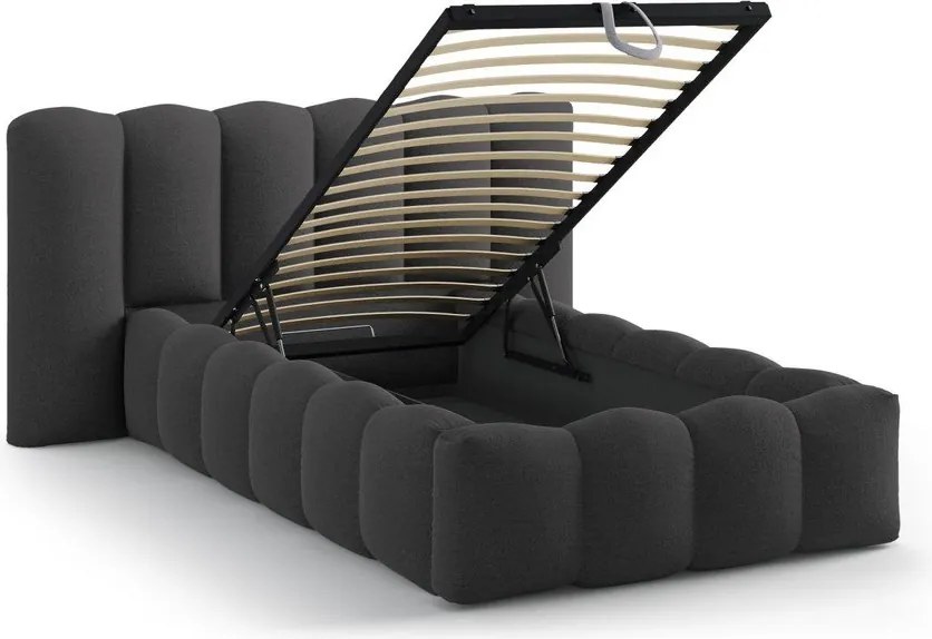 Antracitová čalúnená jednolôžková posteľ s úložným priestorom s roštom 90x200 cm Lupine – Micadoni