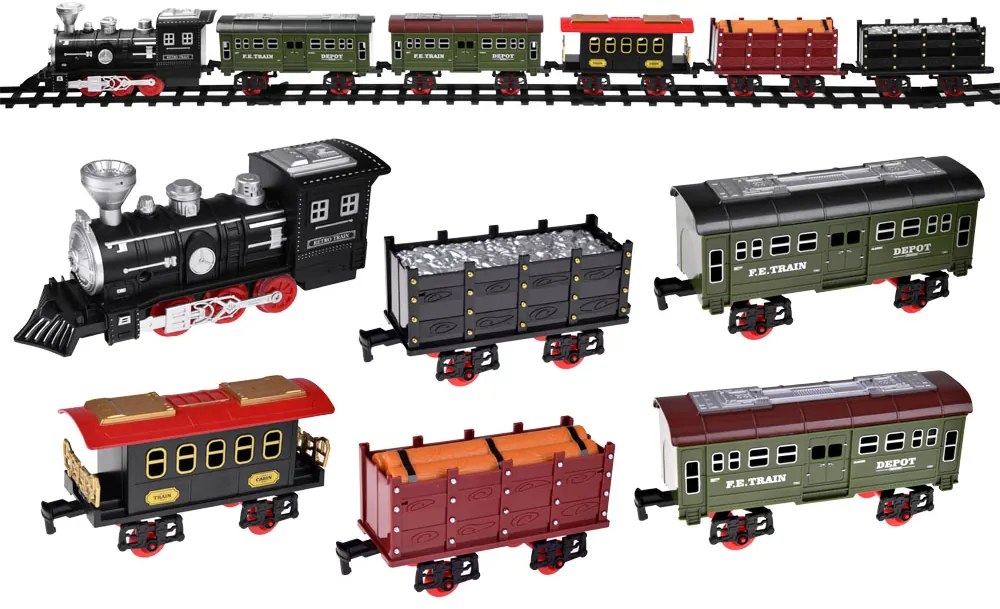 Vláčik s koľajami s lokomotívou a piatimi vagónmi RC0629