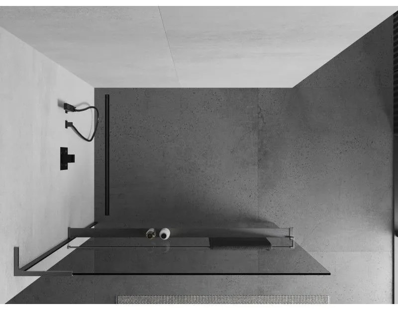 Mexen Kioto+ L, sprchová zástena Walk-In s poličkou a vešiakom 90 x 200 cm, 8mm číre sklo, grafitový profil, 800-090-123-66-00