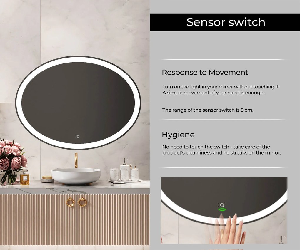 Ovala oglinda baie cu leduri Horizontálne L74 oglinda la comanda pe perete cu Stația meteo WI-F, Oglindă cosmetică