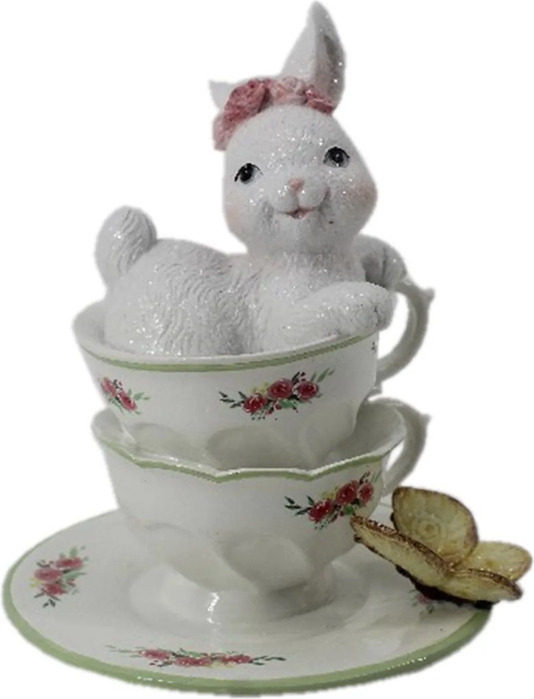 Dekorácie biele králičie slečny v porcelánových šálkach s motýľom - 12 * 12 * 15 cm