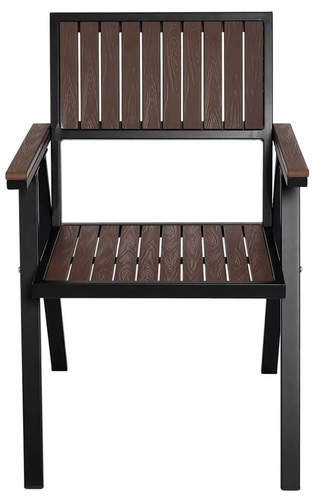 Set 2 záhradných stoličiek HWC-J95, hliník imitácia dreva - rám čierna, tmavo hnedá