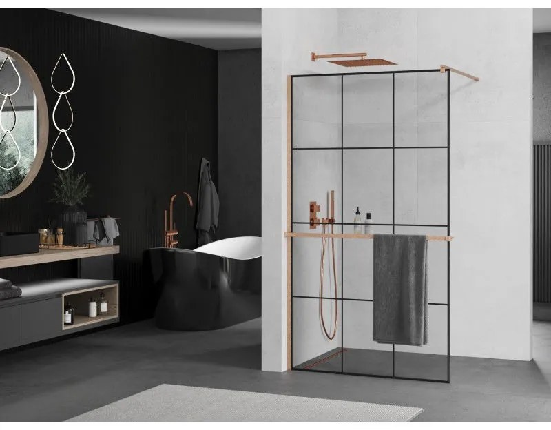Mexen Kioto+, sprchová zástena Walk-In s poličkou a vešiakom 100 x 200 cm, 8mm číre sklo čierny vzor, medený matný profil, 800-100-121-65-77
