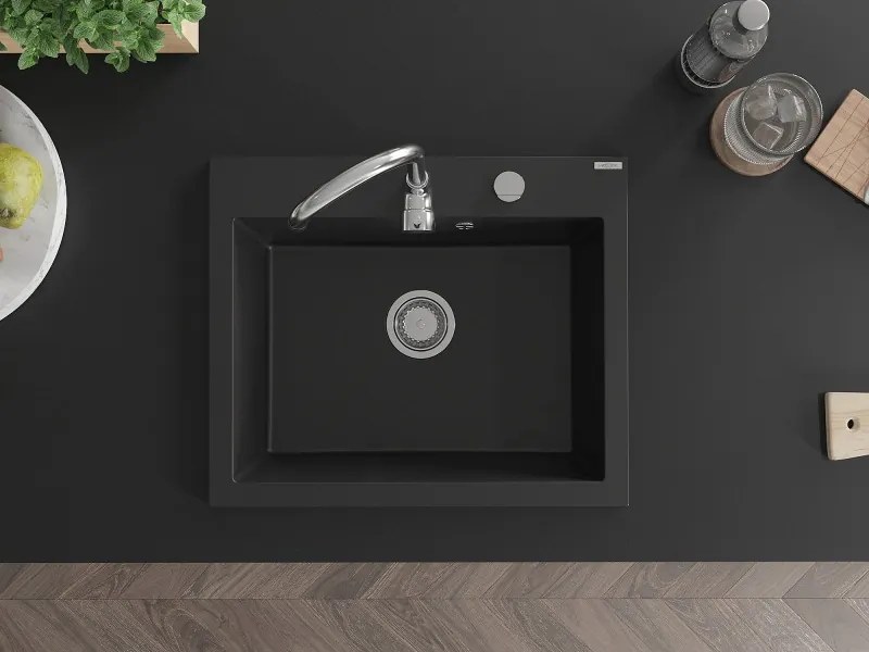 Mexen Elix granitový drez 1-komorový 600 x 500 mm, čierny, sifón chróm - 6525601005-77