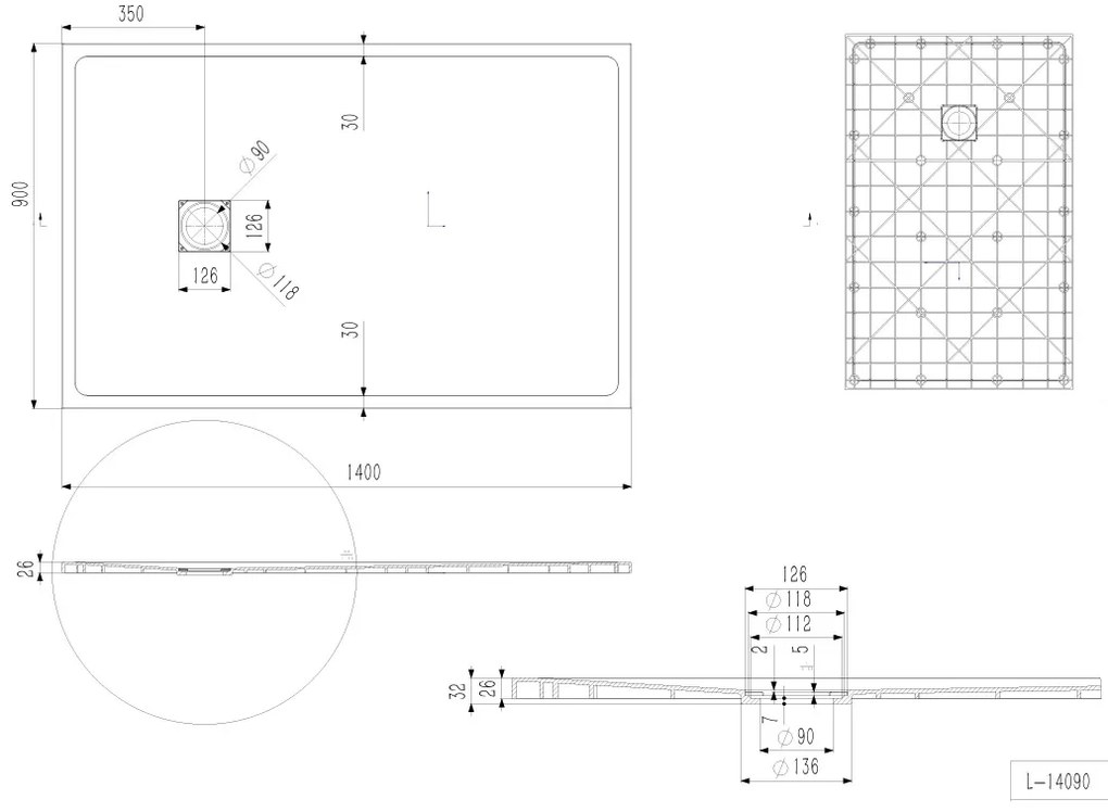 Erga Hyper, SMC sprchová vanička 140x90x2,6 cm + sifón, šedá matná, ERG-V06-SMC-9014S-GR