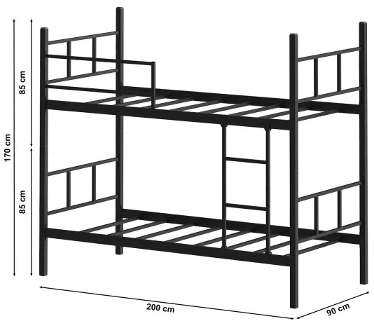 Kovová patrová posteľ MAVEN 90x200 cm čierna nosnosť 2x100 kg