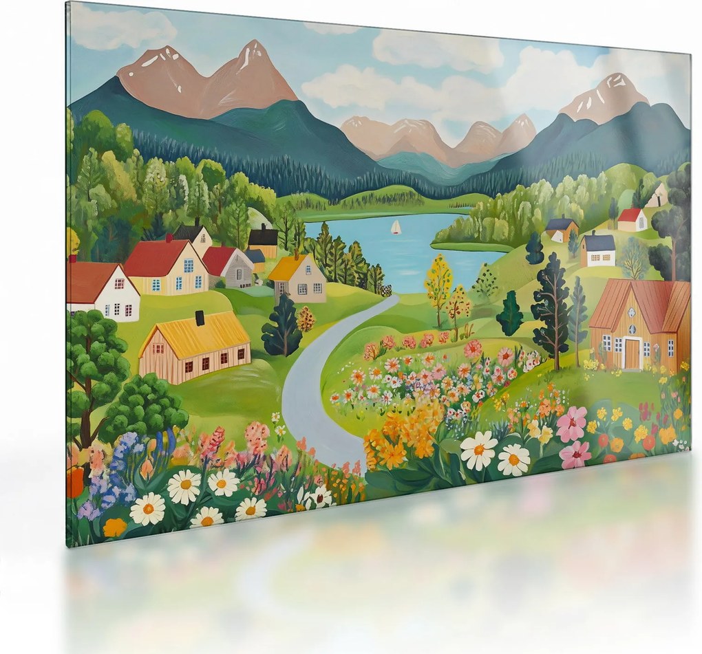 Sklenený obraz - Dedina v horách (70x50 cm)