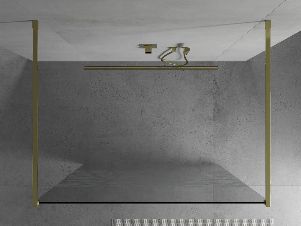 Mexen Kioto, priechodná sprchová zástena 130 x 200 cm, 8mm sklo číre/biely vzor, 2x zlatá stabilizačná rozpera, 800-130-002-50-85